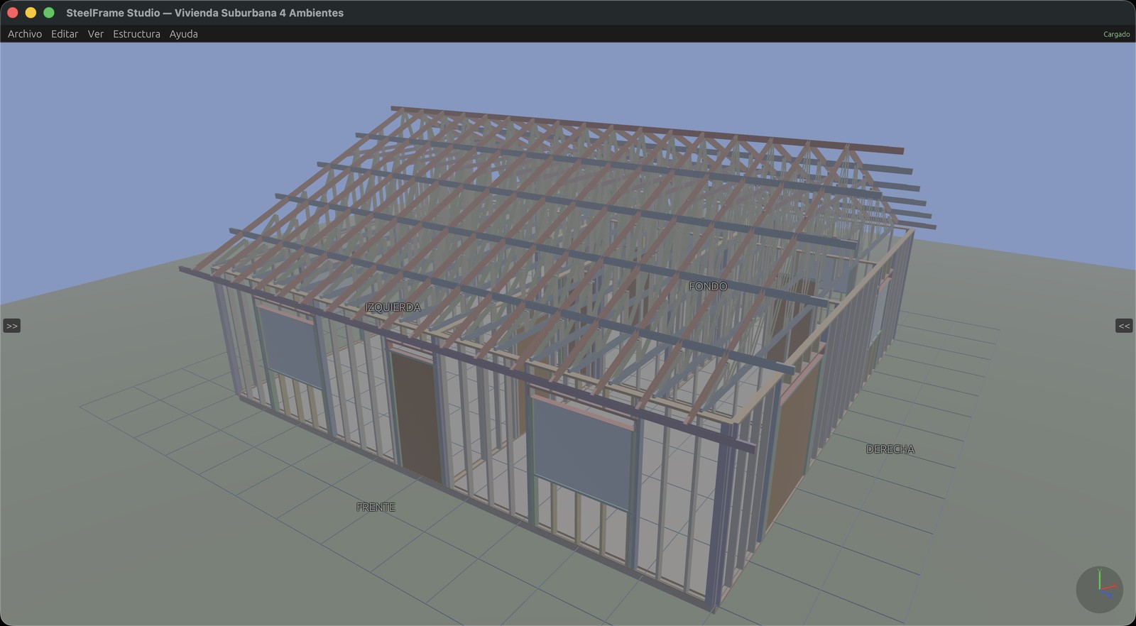 SteelFrame Studio — Vista 3D de casa steel frame con techo y cabriadas