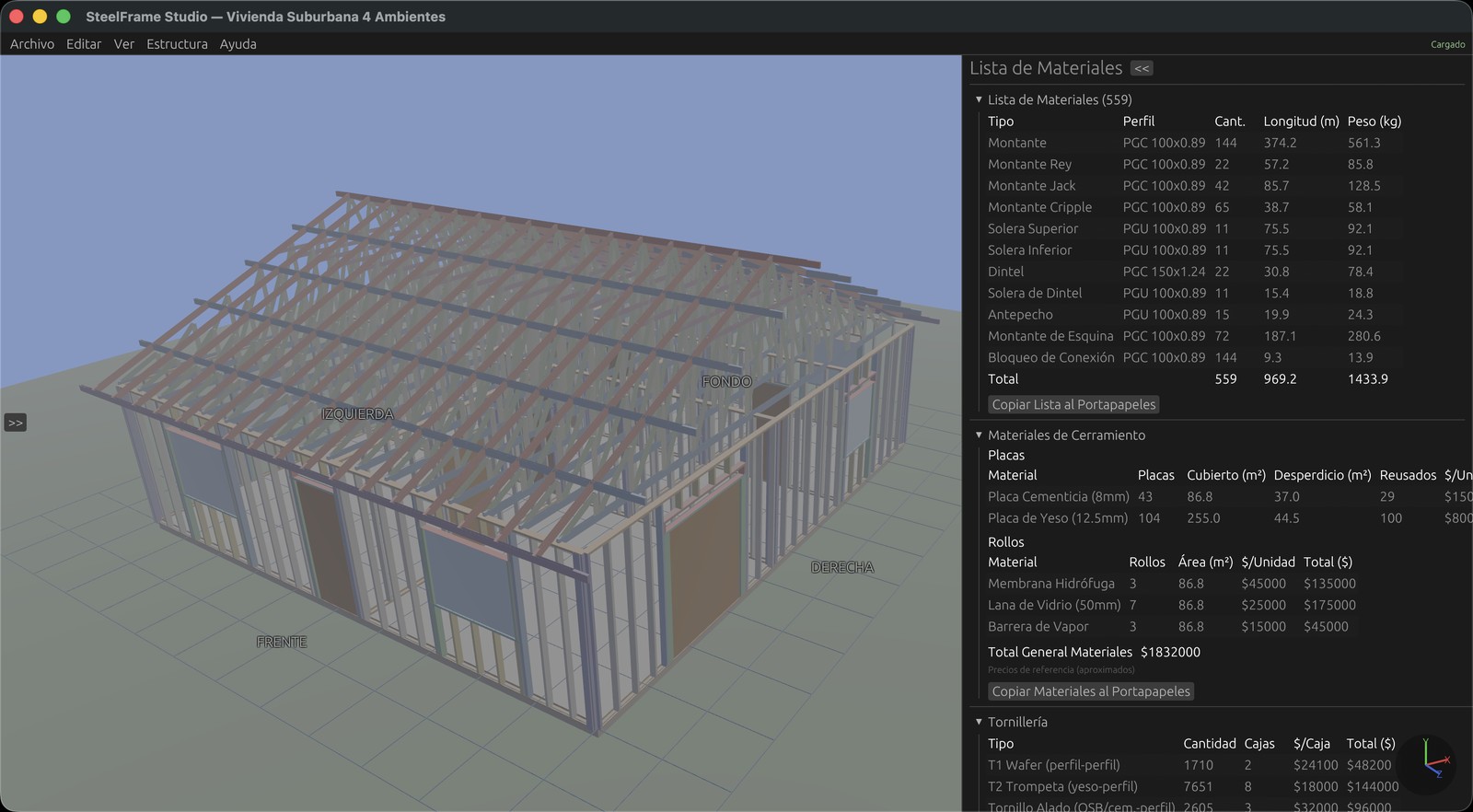 Lista de materiales con perfiles, placas, rollos, tornillería y precios Barbieri