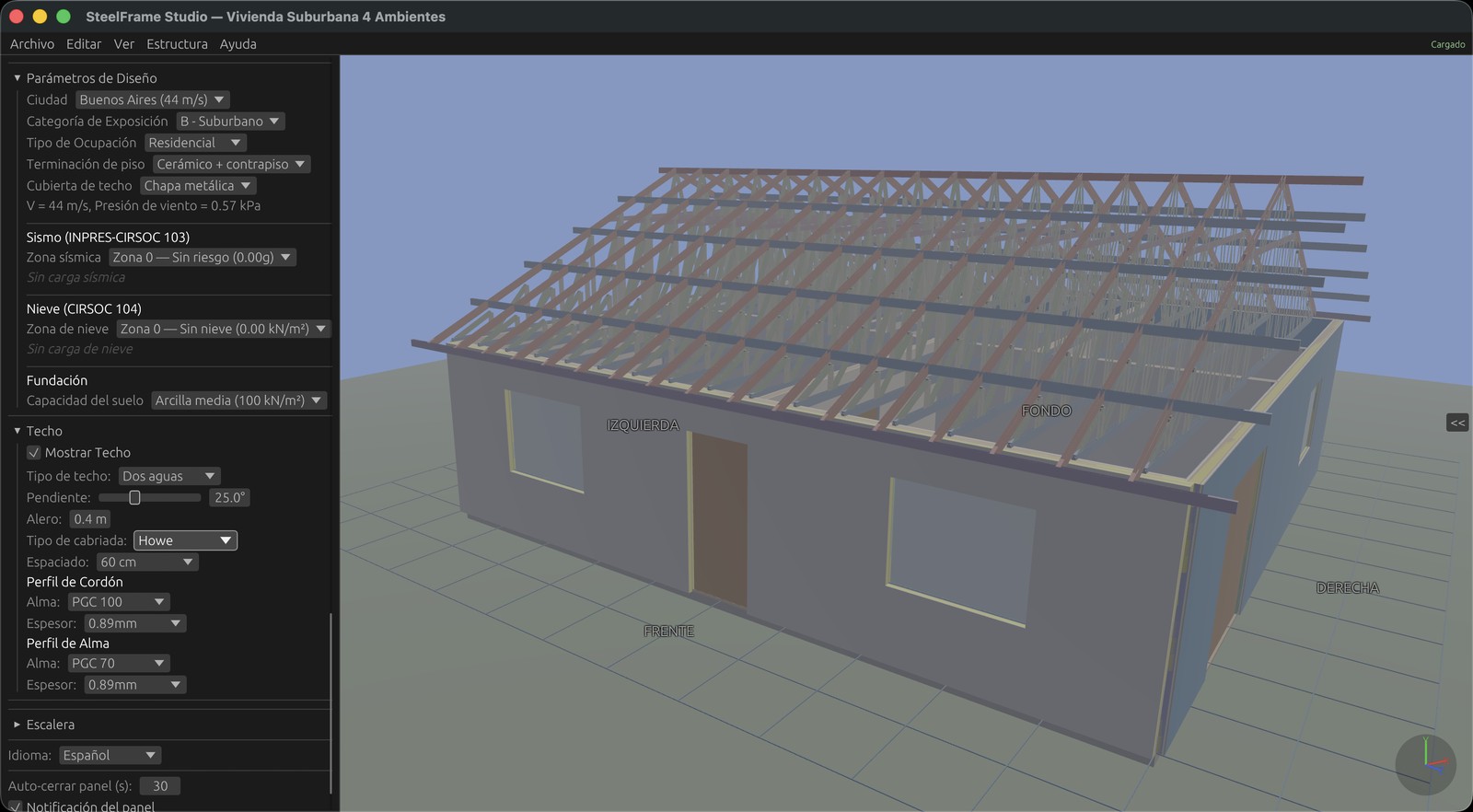 Parámetros de diseño CIRSOC 101, 102, 103, 104 con techo y configuración de cabriadas