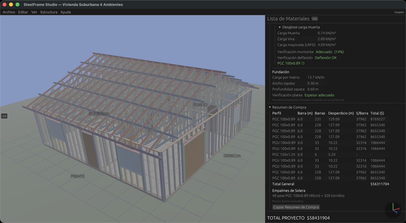 Análisis de cargas, verificación de montantes, fundación y resumen de compra con total de proyecto