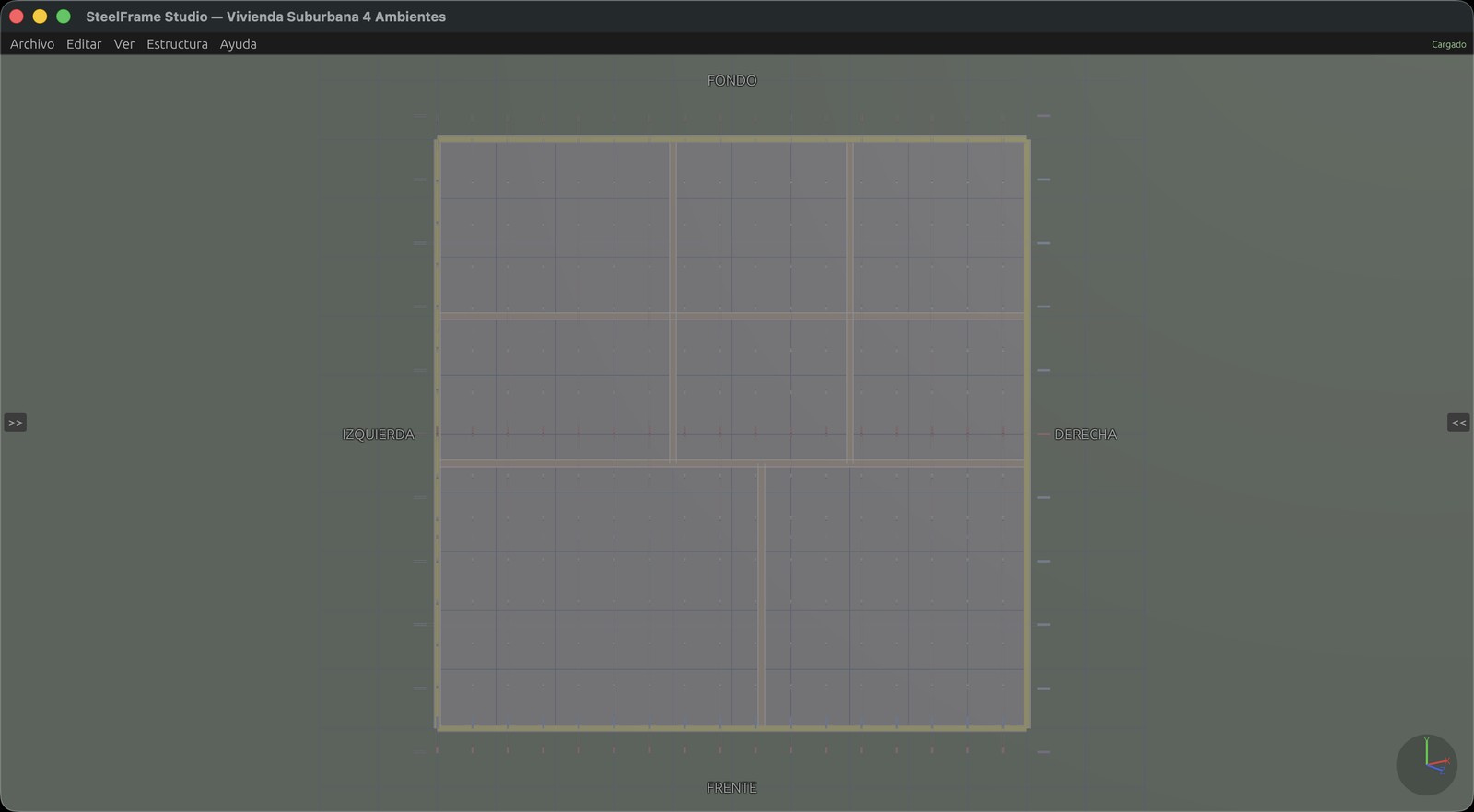 Planta 2D en vista cenital con muros, aberturas y cotas